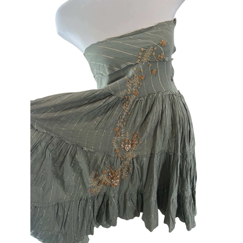 Sirens Womens Strapless Midi Dress Sage Green Gold Metallic Boho Embroidered L